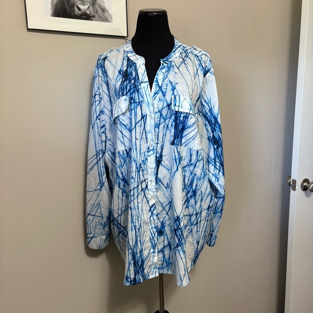 Calvin Klein Women’s 3X Abstract Blue and White Shirt Jacket Artsy Breezy